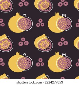 Fruit seamless summer pattern with fig, pomegranate, blackberries. Organic healthy food background with berries for vegan menu, vegetarian merch, wrapping paper, fabric, wallpaper, packaging.