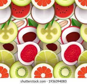 Fruit seamless texture. Pattern with pieces of fruit. Texture for packaging and background. Bright repeatable backdrop. Vector illustration