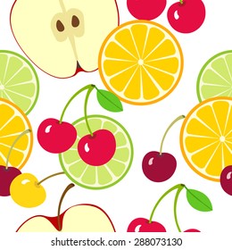 Fruit seamless vector pattern. Apple, orange slice and cherries. Fruit summer background