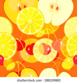 Fruit seamless vector pattern. Apple, orange slice and cherries. Fruit summer bright  background