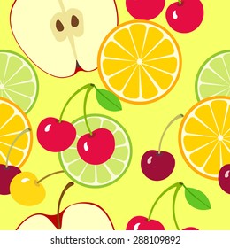 Fruit seamless vector pattern. Apple, orange slice and cherries. Fruit summer bright  background