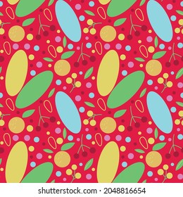 Fruit seamless vector pattern with berries, orange,leaves, cherry and bright circles. For fabric, textiles, clothing, paper, scrapbooking, planner.