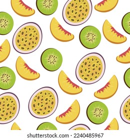 Fruit seamless vector pattern. With passion fruit, kiwi and peach.