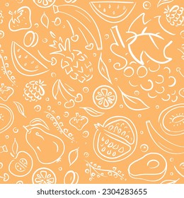 Fruit seamless vector pattern. Pineapple, apple, strawberry, grape, watermelon, pomegranate, lemon, orange, cherry, kiwi, currant, pear, banana.