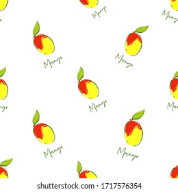 Fruit seamless for wallpaper design with mango. Cute vector pattern. Cartoon vintage tropical print on white background