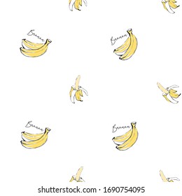 Fruit seamless for wallpaper design with peeled banana and bunch. Cartoon vintage tropical print on white background. Cute vector pattern. 