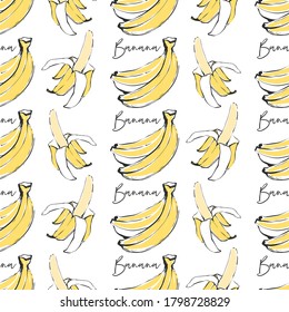 Fruit seamless for wallpaper design with peeled banana and bunch. Cartoon vintage tropical print on white background. Cute vector pattern. 