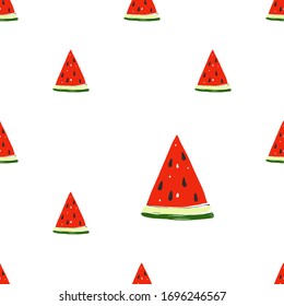 Fruit seamless for wallpaper design with watermelon slice. Cute vector pattern. Cartoon vintage tropical print on white background