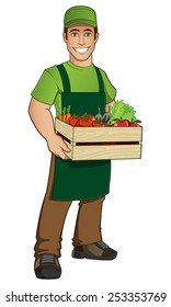 Fruit seller with a box full of fruit and vegetables 
