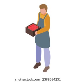 Fruit seller icon isometric vector. Happy supermarket employee. The worker carries a crate