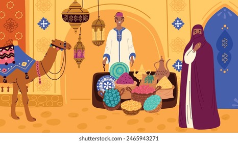 Fruit seller in Moroccan bazaar. Decorative national lamps. Arabian camel. Woman in hijab. Oriental ornaments. Marrakech market street. Man in traditional clothing