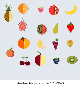 fruit set of 18 pieces: peach, raspberry, grape, kiwi, cherry, apple, blackberry, watermelon, physalis, pineapple, orange, pomegranate, banana, Figs, strawberry, pear, lemon, persimmon. Vector.