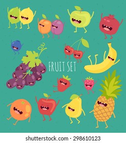 Fruit set. Apple, lemon, lime, pear, plum, apricot, blueberry, strawberry, pomegranate, grape, cherry, banana, orange, lime. Vector cartoon. Friends forever. Comic characters.