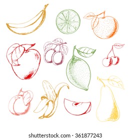 Fruit set with apple, lemon, lime, banana, cherry, peach, pear and plum. Hand drawn vector illustration.