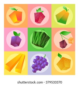 Fruit set: apple, pear, strawberry, watermelon, cherry, grape, orange, plum and banana