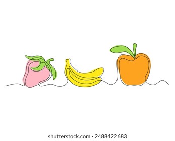 fruit set, banana, apple, strawberry,continuous single line art hand drawing sketch
