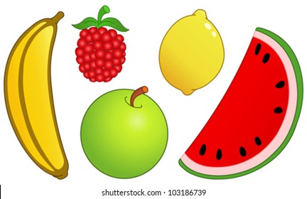 Conjunto de frutas: banana, frambuesa, limón, sandía y manzana