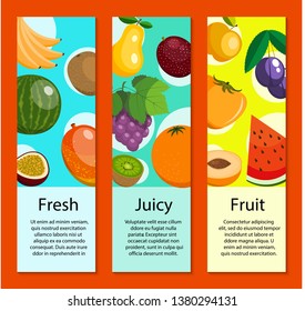 Fruit set of banners for fresh product or fruit farm market. Organic and natural food vector illustration. Banana, watermelon or melon, plum, orange, grapes, kiwi, mango, apple.