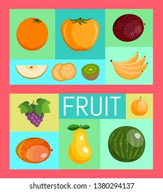 Fruit set of banners for fresh product or fruit farm market. Organic and natural food vector illustration. Banana, watermelon, pear, plum, orange, grapes, kiwi, mango, apple.