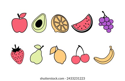 fruit set in black outline on white isolated background. Vector illustration