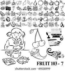 Fruit set of black sketch. Part 103-7. Isolated groups and layers.