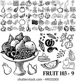 Fruit set of black sketch. Part 103-9. Isolated groups and layers.