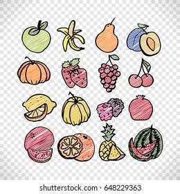 Fruit set in bright color, nutritious and delicious fresh choice, organic vegan menu, vector patches or stickers illustration isolated on white background