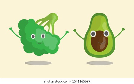 Fruit set broccoli and avocado waving hands, smiling. Vector illustration in eps10, graphic design. Color icon