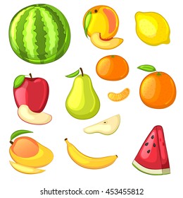 Fruit set of cartoon icons. Isolated objects on white background. Watermelon, pear, apple, orange, tangerine, banana, peach, mango and pieces. Vector illustration.