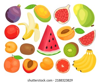 Obst im Cartoon-Stil. Abb., Pfirsich, Aprikose, Orange, Kiwi, Banane, Mango, Wassermelone, Grapefruit.