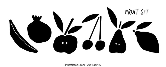 Fruit set. Childish scissors cutting collage effect. Hand drawn sketch isolated on white background. Silhouette vector. Farmer Market Logo. Organic food eco template for menu, jam, juice label