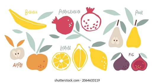 Fruit set. Childish scissors cutting collage effect. Colored hand drawn sketch isolated on white background. Silhouette vector. Farmer Market Logo. Organic food eco template for menu, jam, juice label