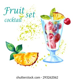 Fruit set cocktail. Watercolor.
