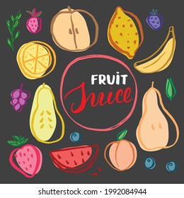 Fruit Set, collection of juicy fruits, apple, pear, strawberry, orange slice, peach, plum, banana, watermelon, papaya, grapes, lemon and berries. Vector illustration.