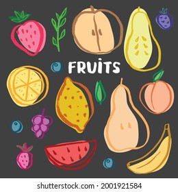 Fruit Set, collection of juicy fruits, apple, pear, strawberry, orange slice, peach, plum, banana, watermelon, papaya, grapes, lemon and berries. Vector illustration.