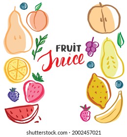 Fruit Set, collection of juicy fruits, apple, pear, strawberry, orange slice, peach, plum, banana, watermelon, papaya, grapes, lemon and berries. Vector illustration.