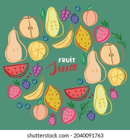 Fruit Set, collection of juicy fruits, apple, pear, strawberry, orange slice, peach, plum, banana, watermelon, papaya, grapes, lemon and berries. Vector illustration.