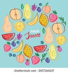 Fruit Set, collection of juicy fruits, apple, pear, strawberry, orange slice, peach, plum, banana, watermelon, papaya, grapes, lemon and berries. Vector illustration.