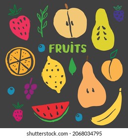 Fruit Set, collection of juicy fruits, apple, pear, strawberry, orange slice, peach, plum, banana, watermelon, papaya, grapes, lemon and berries. Vector illustration.