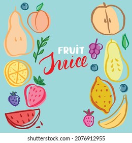 Fruit Set, collection of juicy fruits, apple, pear, strawberry, orange slice, peach, plum, banana, watermelon, papaya, grapes, lemon and berries. Vector illustration.