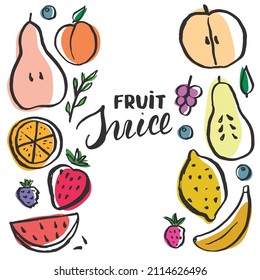 Fruit Set, collection of juicy fruits, apple, pear, strawberry, orange slice, peach, plum, banana, watermelon, papaya, grapes, lemon and berries. Vector illustration.