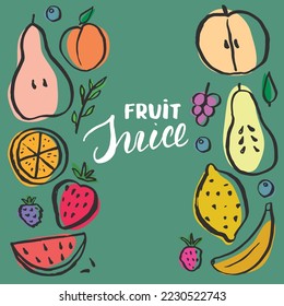 Fruit Set, collection of juicy fruits, apple, pear, strawberry, orange slice, peach, plum, banana, watermelon, papaya, grapes, lemon and berries. Vector illustration.