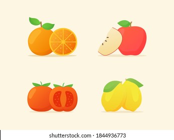 Fruit set collection orange apple tomato lemon slice whole fresh juicy vitamin nutrition fiber white isolated background with flat color style