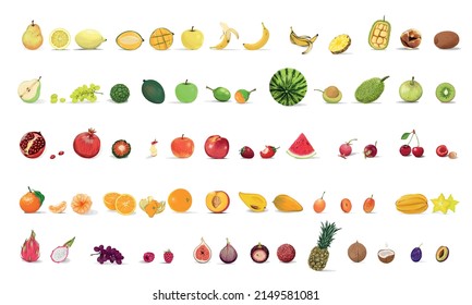 Fruit set. Colourful realistic fruits and berries. Juicy tropical and seasonal isolated fruits
