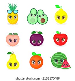 Fruit set cute cartoon apple, orange, avocado, watermelon, pineapple, peach, pear, plum and lemon. Set of cartoon fruit characters, vector illustration