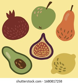 Fruit. Set of different fruits. Raw vegan food. Vector illustration.