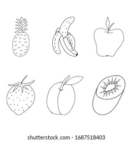 Obst im Doodle-Stil.Ananas, Banane, Apfel, Erdbeeren, Pflaumen, Kiwi.Farbgebung.Sommer und tropische Früchte.Umrissbild nach Hand.Vektorillustration