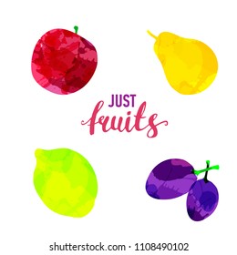 Fruit set drawn watercolor blots and stains with a spray apple, lemon, pear, plum. Isolated eco natural food vector fruits illustration on white background with lettering