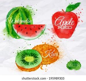 Fruit set drawn watercolor blots and stains with a spray watermelon, kiwi, apple red