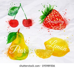 Fruit set drawn watercolor blots and stains with a spray cherry, lemon, strawberry, pear